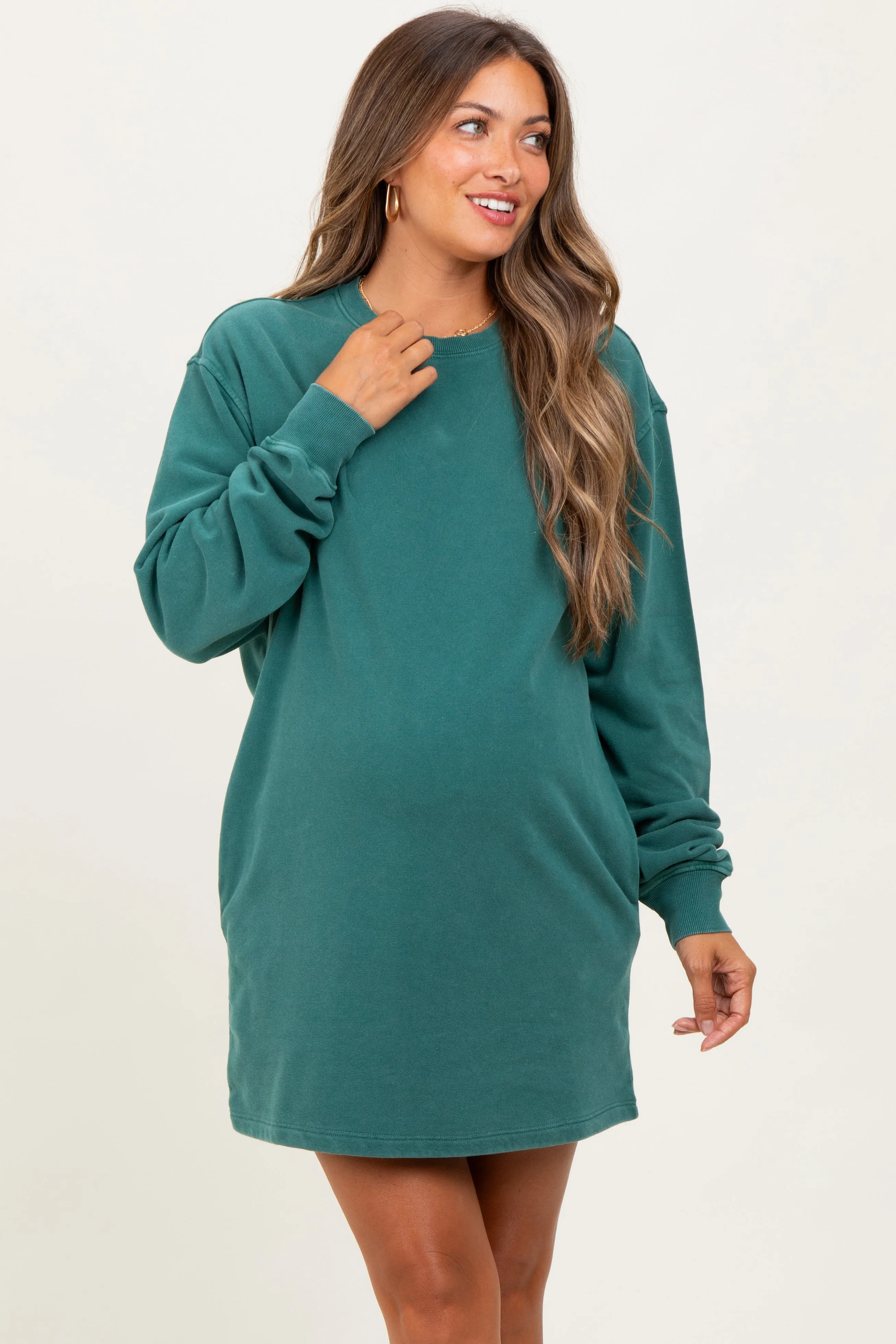 Forest Green Mint Mineral Wash Oversized Maternity Sweatshirt Mini Dress sold by Pinkblush