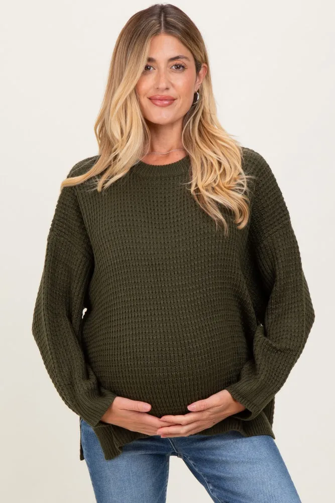Olive Waffle Knit Side Slit Maternity Sweater sold by Pinkblush