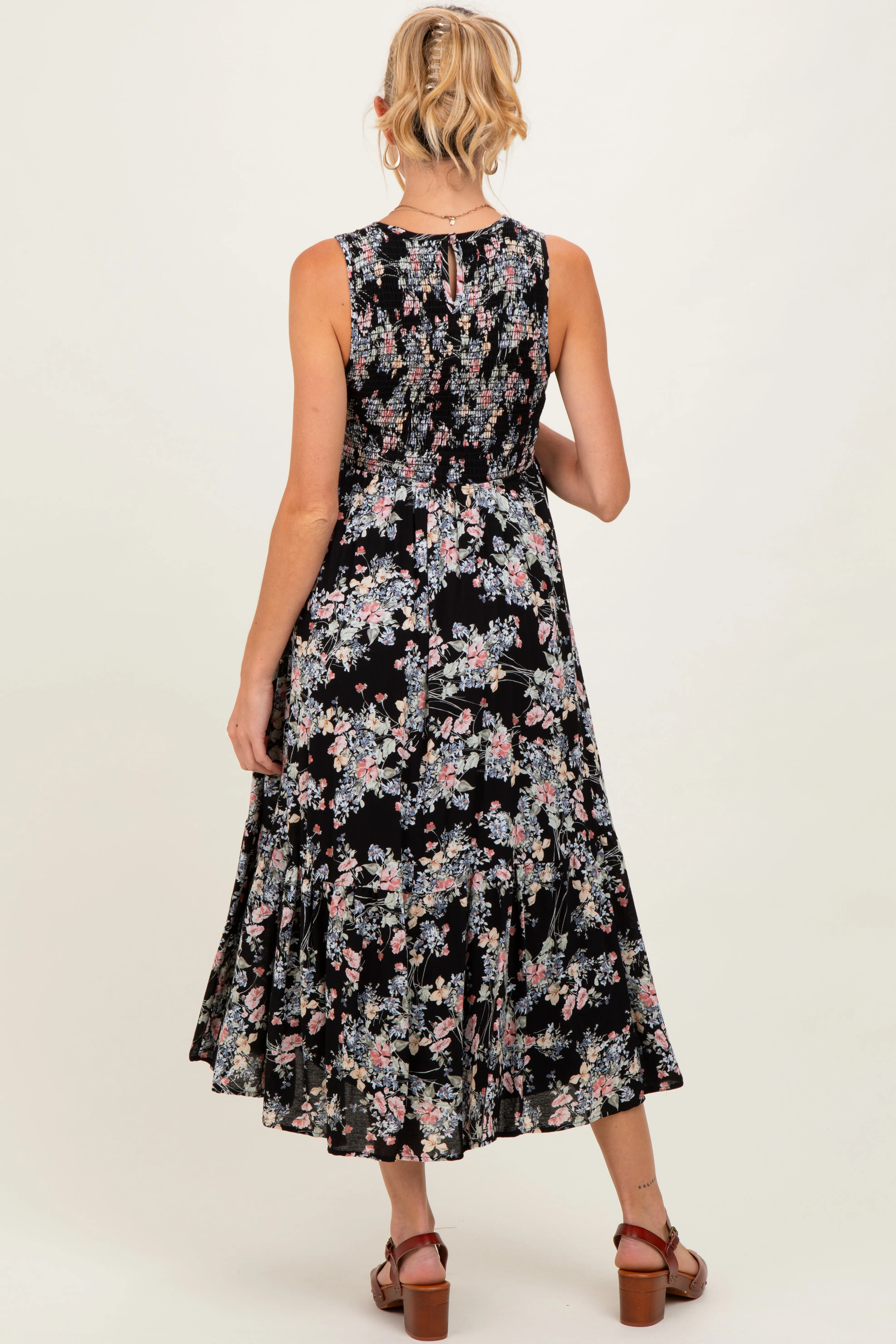 Black Floral Print Smocked Top Sleeveless Tiered Maternity Maxi Dress sold by Pinkblush product image thumbnail 3