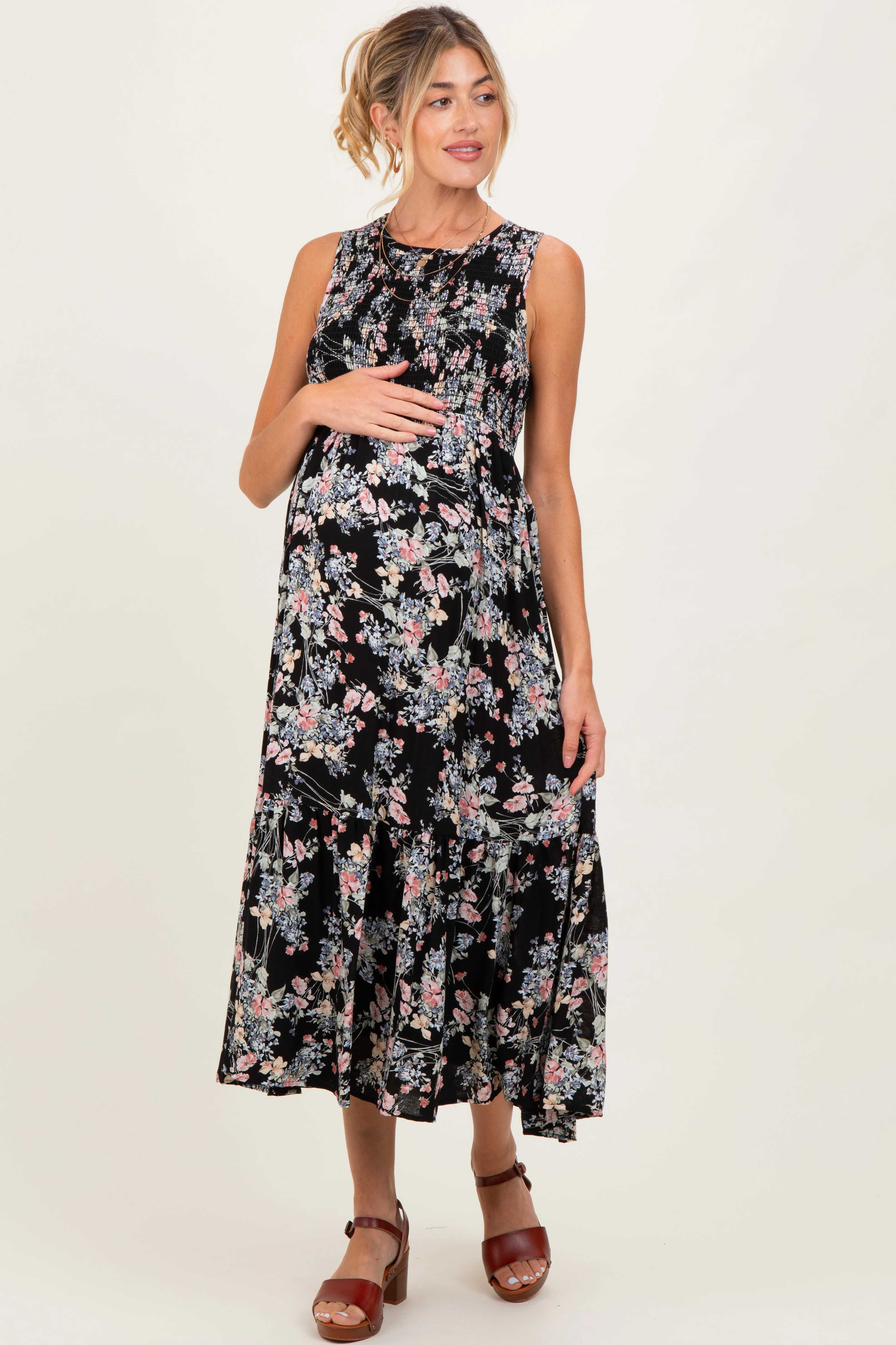 Black Floral Print Smocked Top Sleeveless Tiered Maternity Maxi Dress sold by Pinkblush