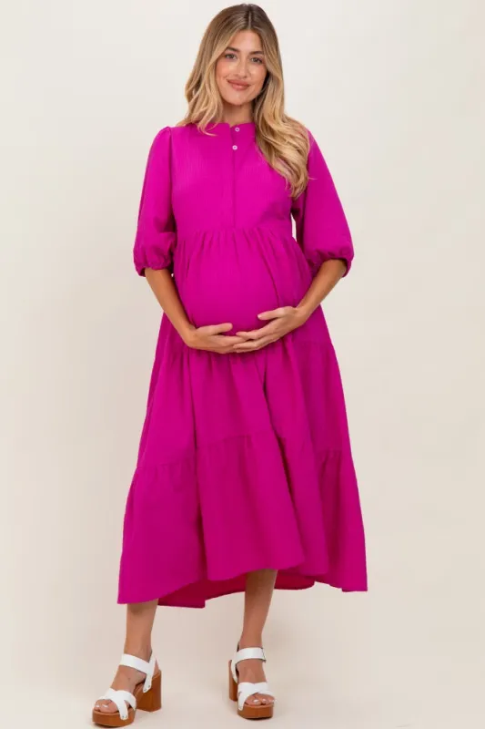 Fuchsia Textured Tiered Puff Sleeve Maternity Midi Dress sold by Pinkblush