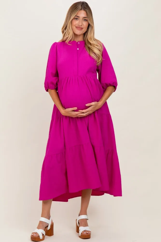 Fuchsia Textured Tiered Puff Sleeve Maternity Midi Dress sold by Pinkblush