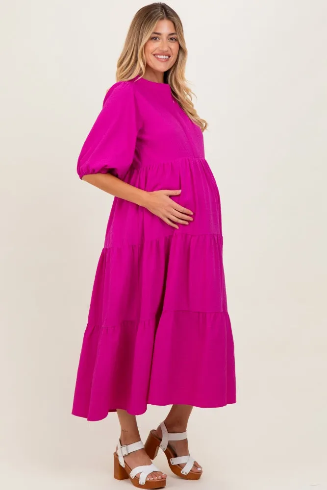Fuchsia Textured Tiered Puff Sleeve Maternity Midi Dress sold by Pinkblush product image thumbnail 2