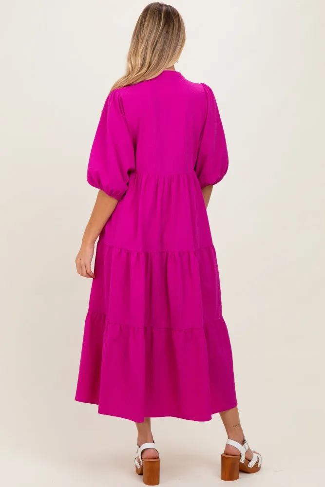 Fuchsia Textured Tiered Puff Sleeve Maternity Midi Dress sold by Pinkblush product image thumbnail 3
