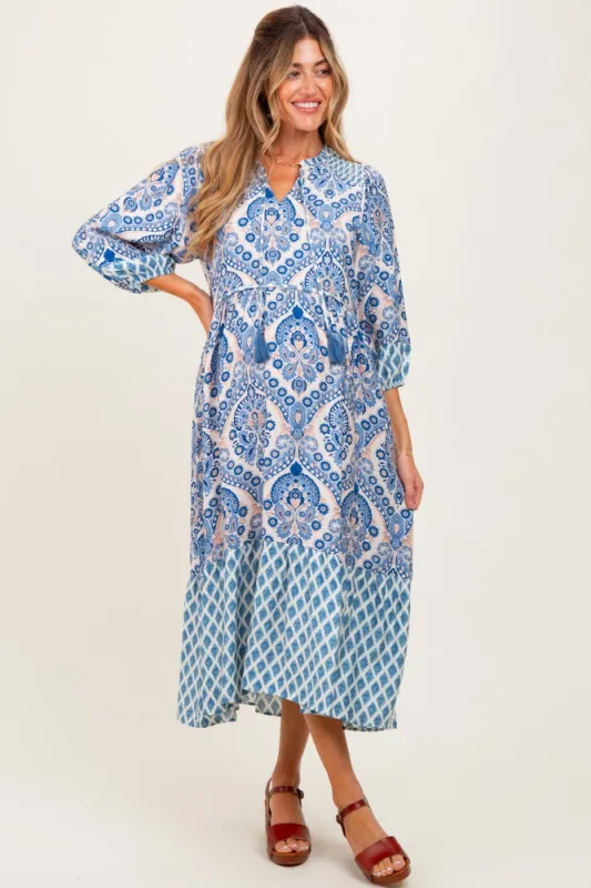 Blue Damask Tassel Front Tie 3/4 Sleeve Maternity Midi Dress sold by Pinkblush