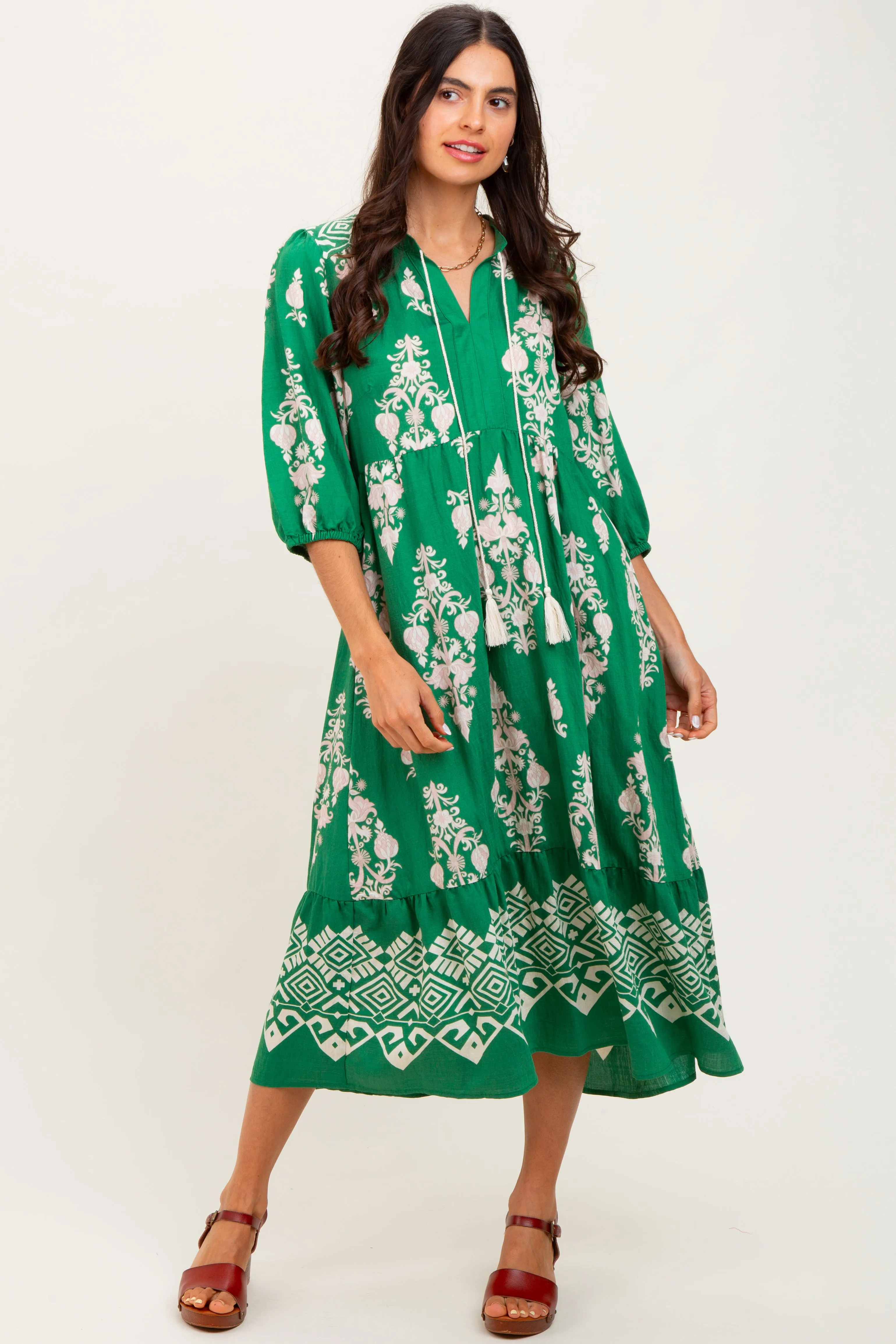 Green Damask Tassel Front Tie Tiered Maternity Midi Dress sold by Pinkblush product image thumbnail 5