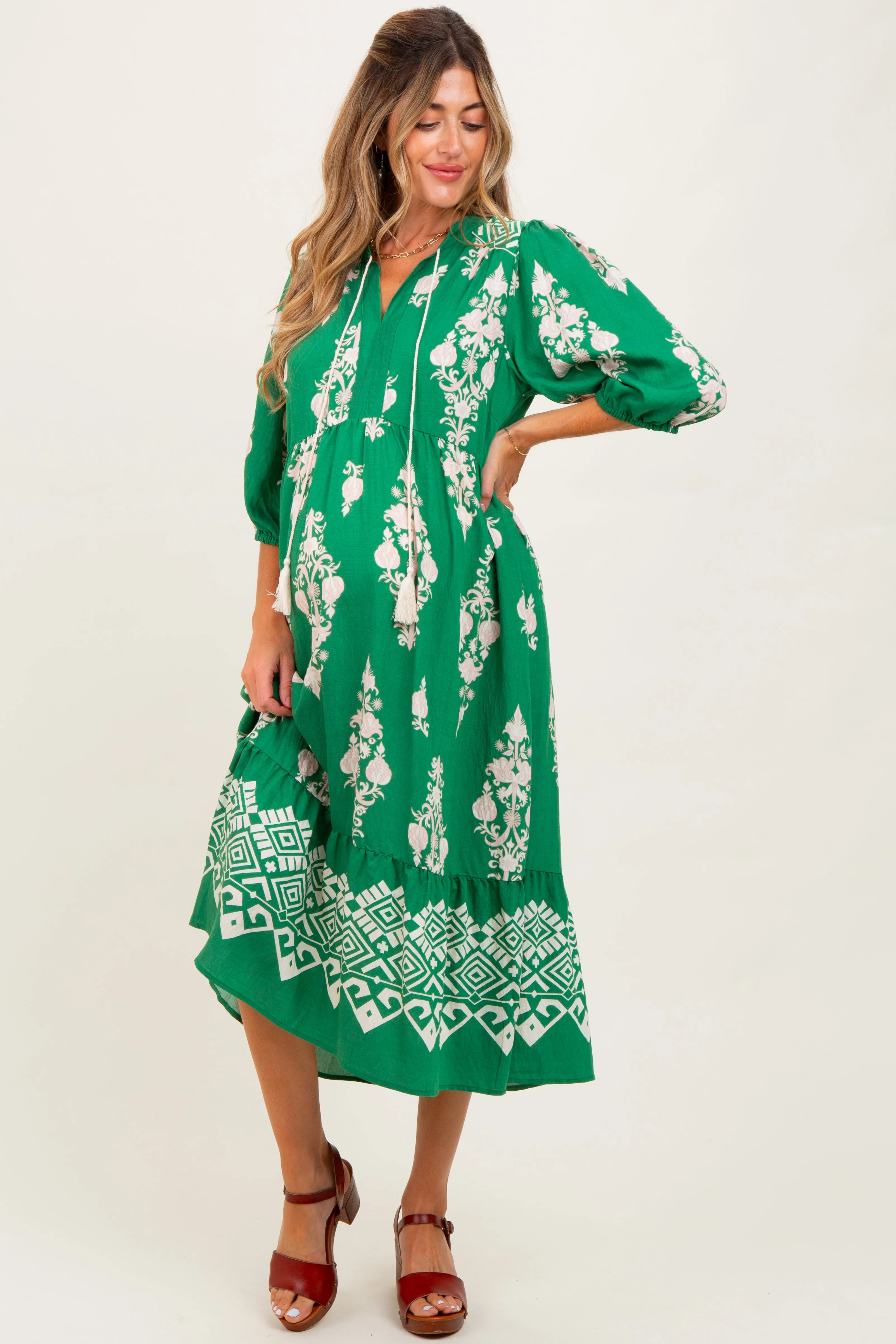 Green Damask Tassel Front Tie Tiered Maternity Midi Dress sold by Pinkblush product image thumbnail 2