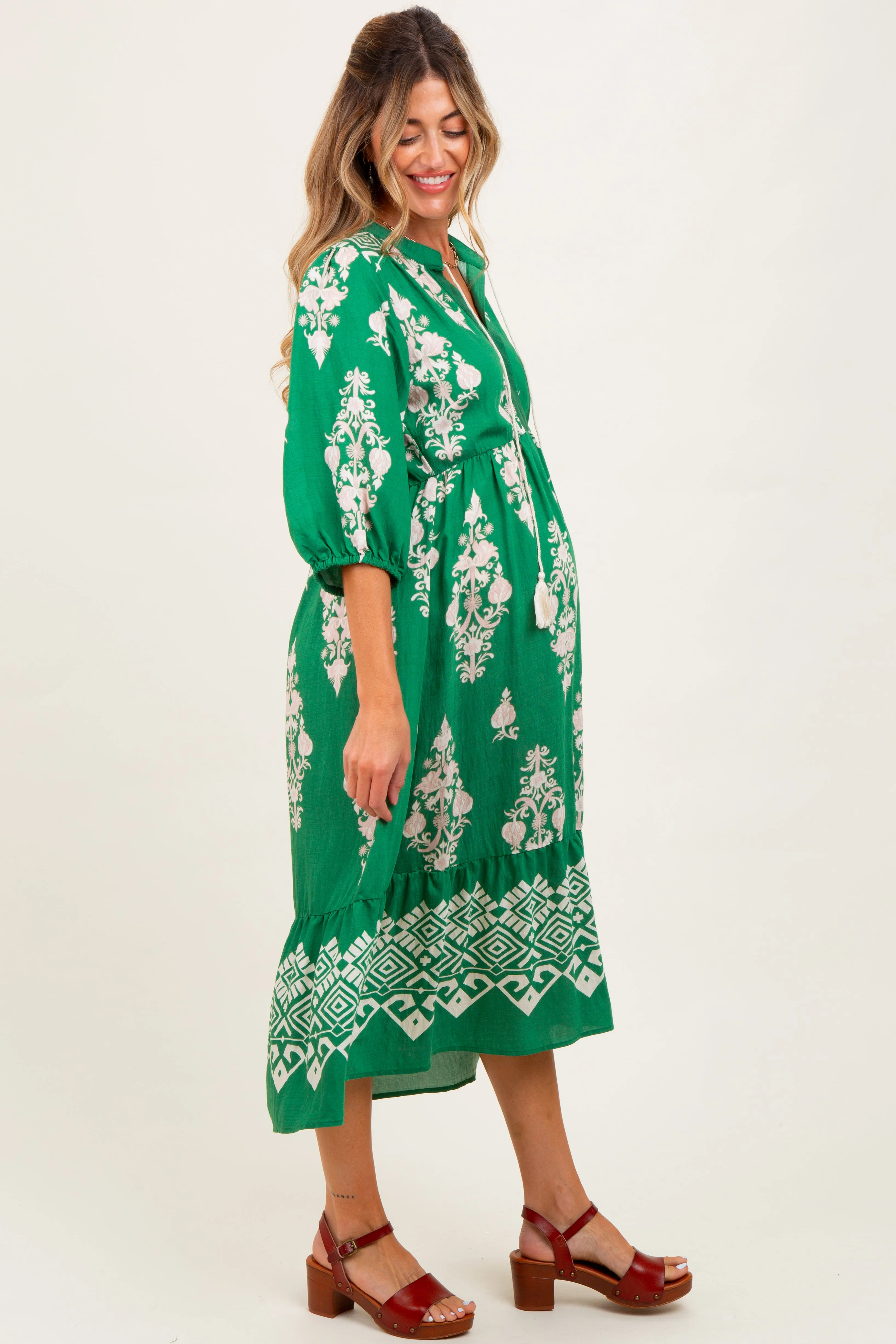 Green Damask Tassel Front Tie Tiered Maternity Midi Dress sold by Pinkblush product image thumbnail 3