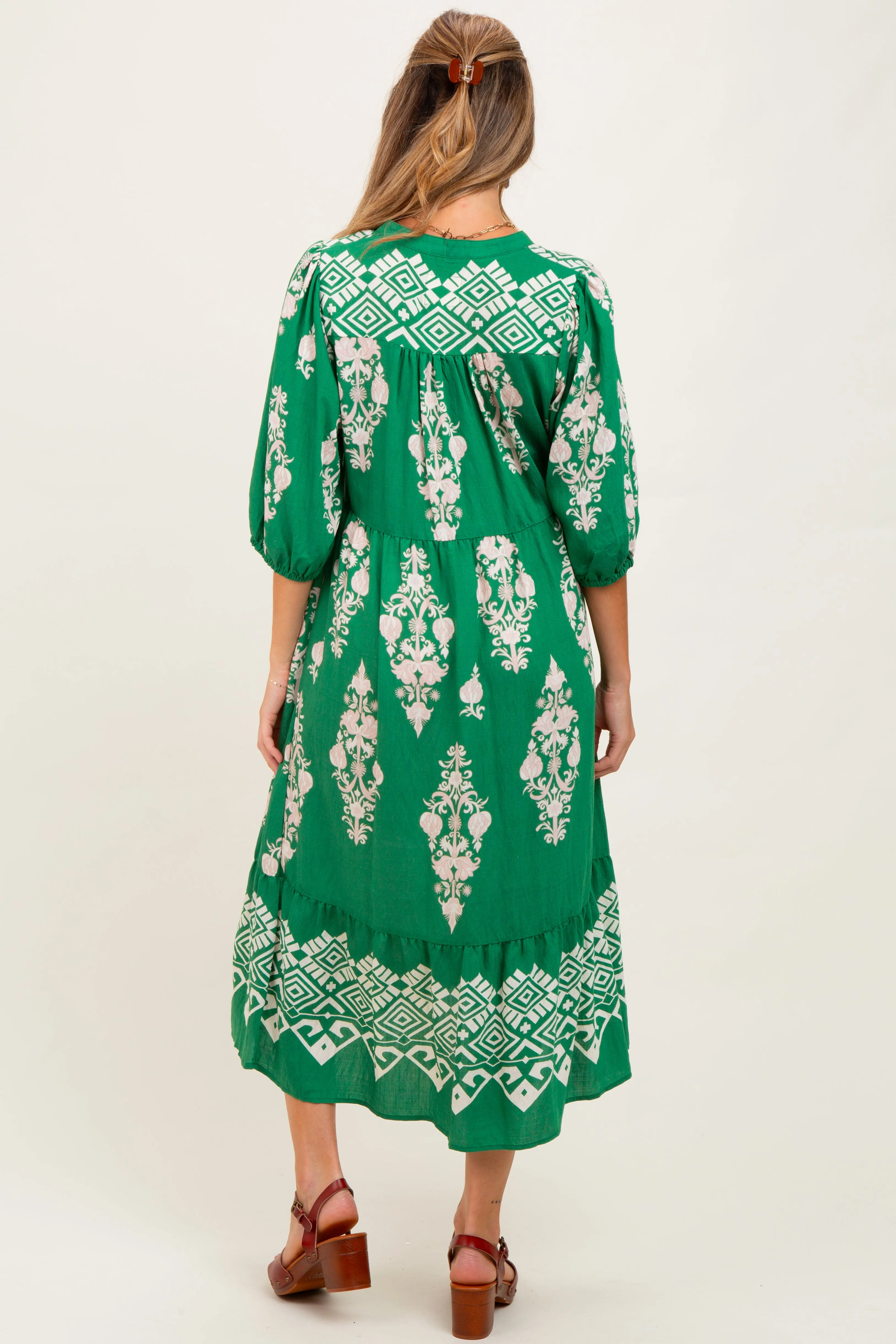 Green Damask Tassel Front Tie Tiered Maternity Midi Dress sold by Pinkblush product image thumbnail 4