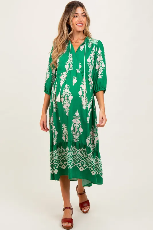 Green Damask Tassel Front Tie Tiered Maternity Midi Dress sold by Pinkblush