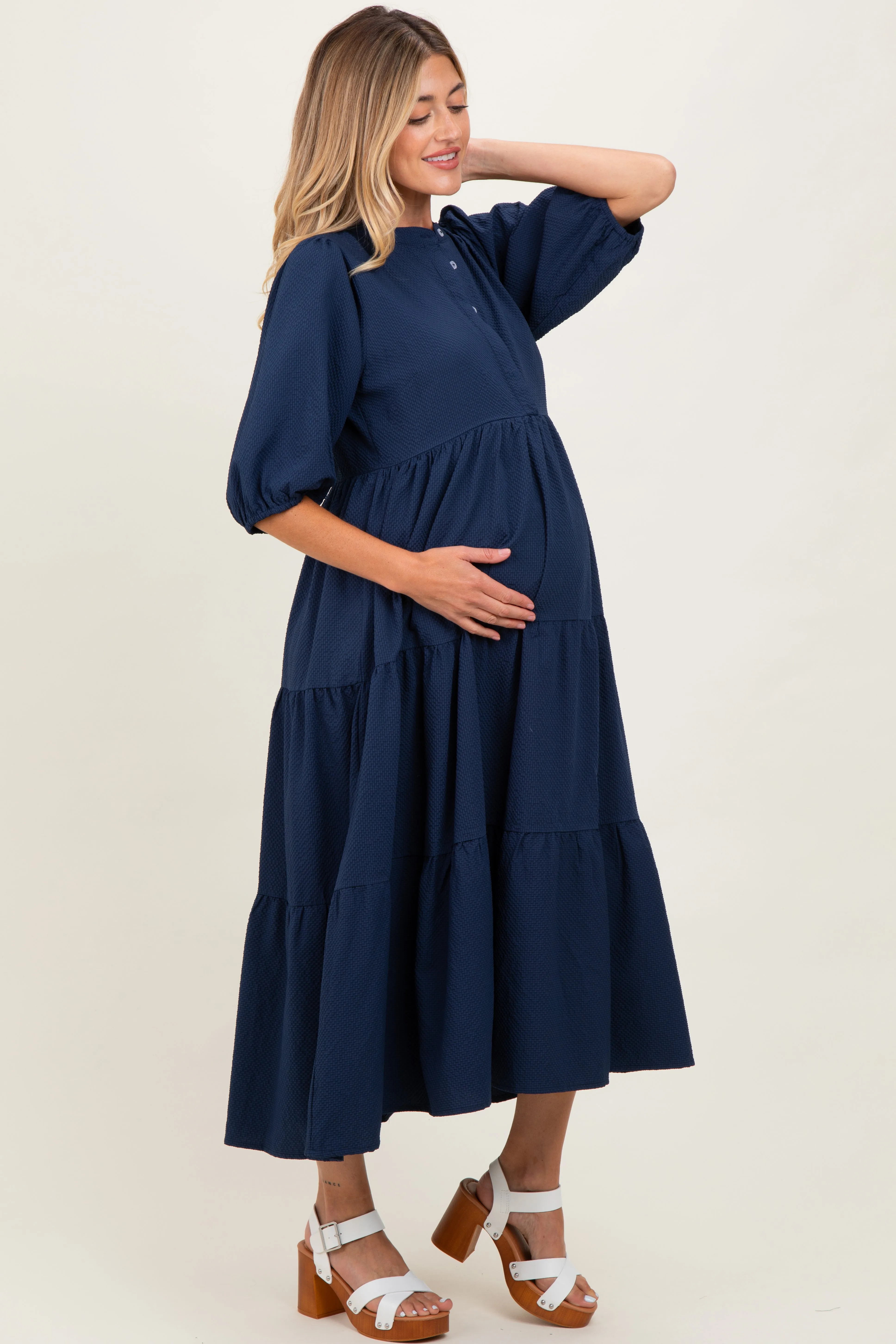 Navy Textured Tiered Puff Sleeve Maternity Midi Dress sold by Pinkblush product image thumbnail 3