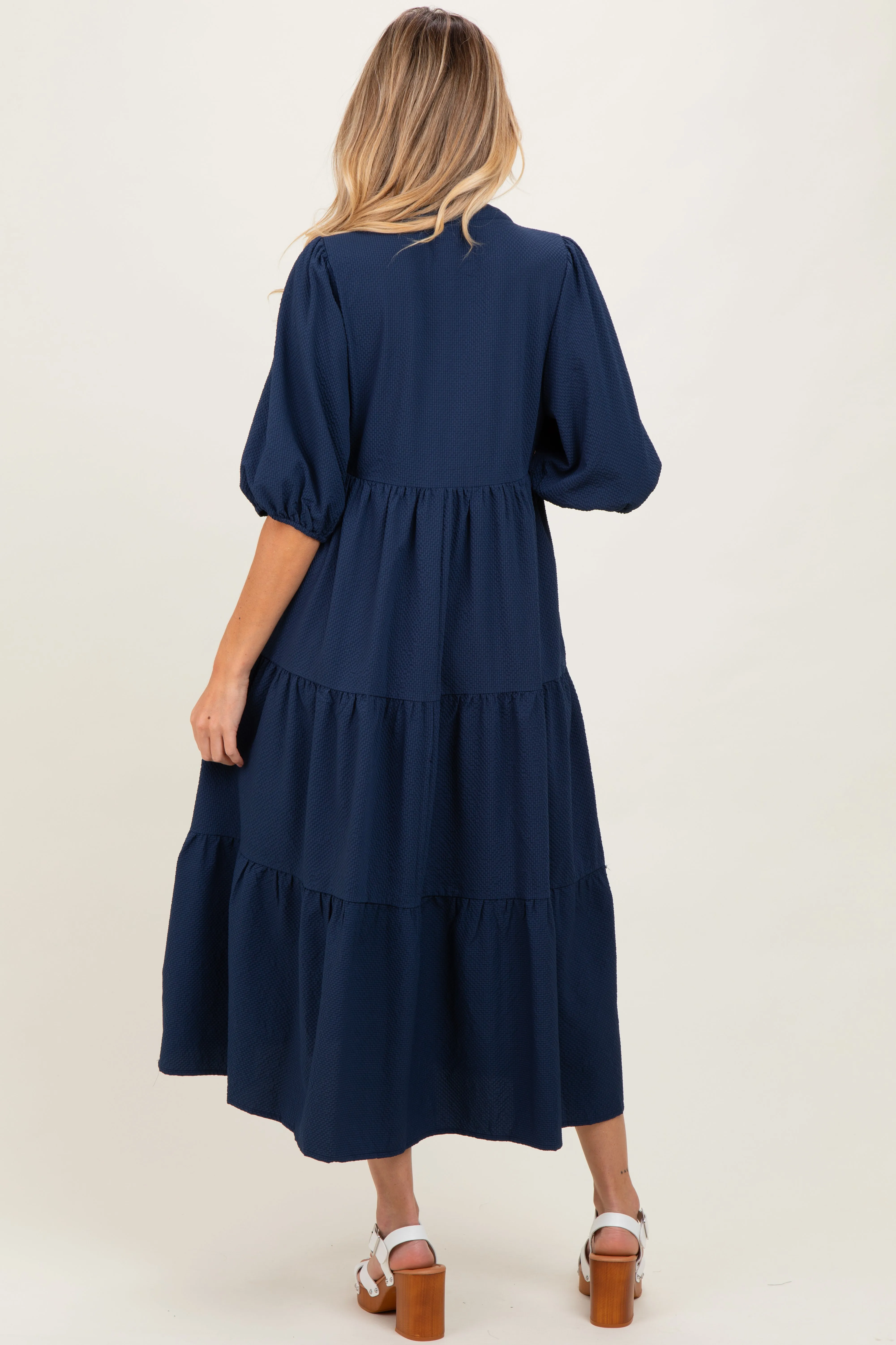 Navy Textured Tiered Puff Sleeve Maternity Midi Dress sold by Pinkblush product image thumbnail 4