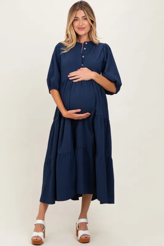 Navy Textured Tiered Puff Sleeve Maternity Midi Dress sold by Pinkblush