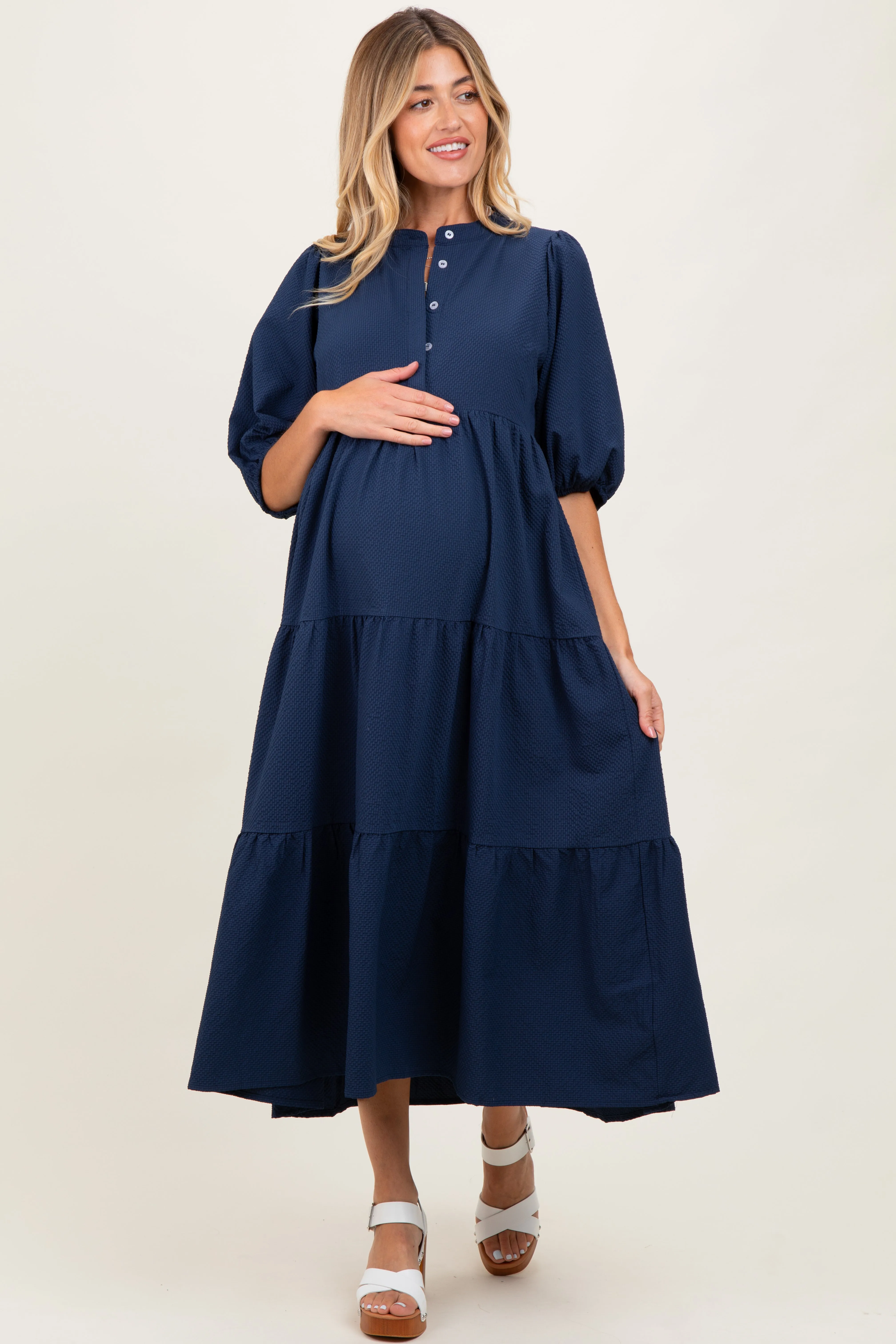 Navy Textured Tiered Puff Sleeve Maternity Midi Dress sold by Pinkblush product image thumbnail 2