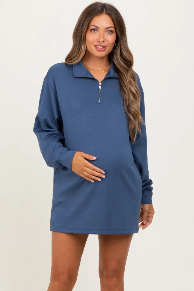 Light Navy Half Zip Long Sleeve Maternity Mini Dress sold by Pinkblush
