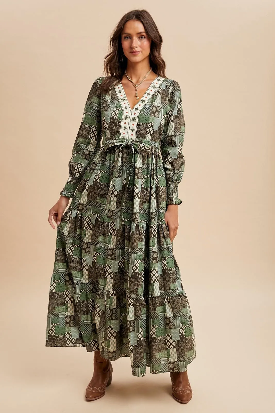 Olive Patchwork Print Tiered Long Sleeve Maxi Dress sold by Pinkblush product image thumbnail 2