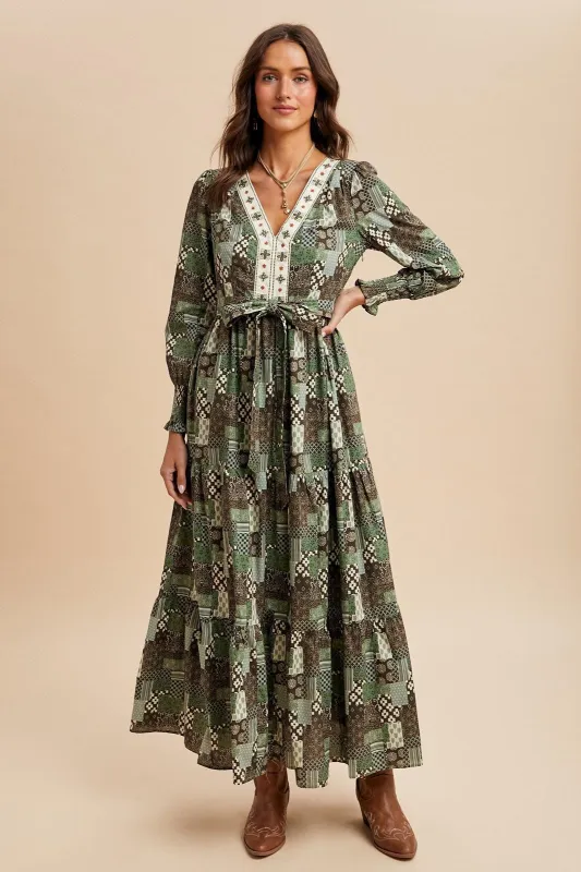 Olive Patchwork Print Tiered Long Sleeve Maxi Dress sold by Pinkblush