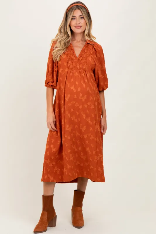 Rust Jacquard Texture V-Neck Maternity Midi Dress sold by Pinkblush