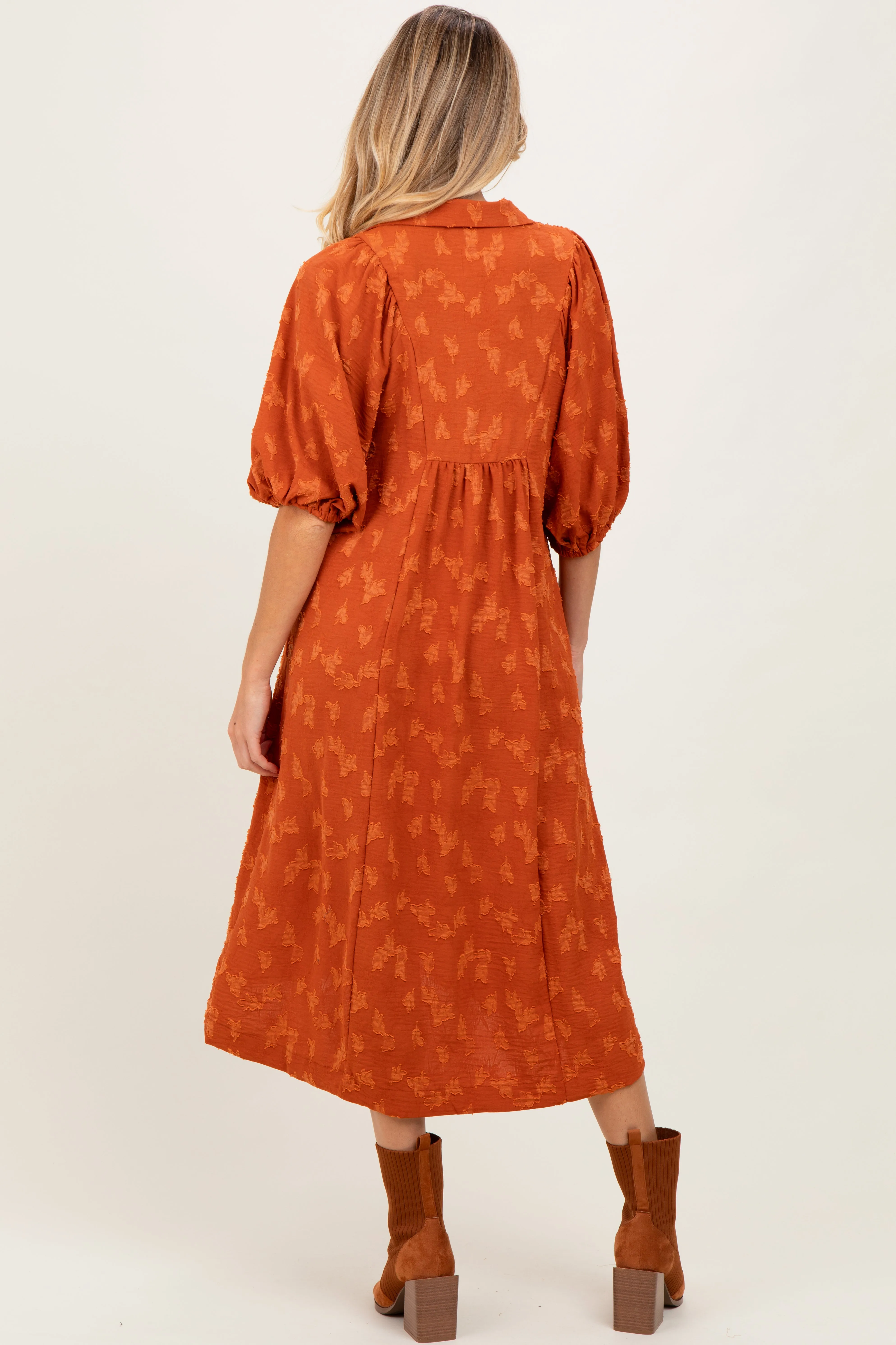 Rust Jacquard Texture V-Neck Maternity Midi Dress sold by Pinkblush product image thumbnail 3