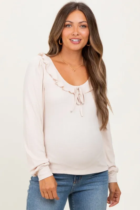 Beige Ruffle Tie Detail Long Sleeve Maternity Top sold by Pinkblush