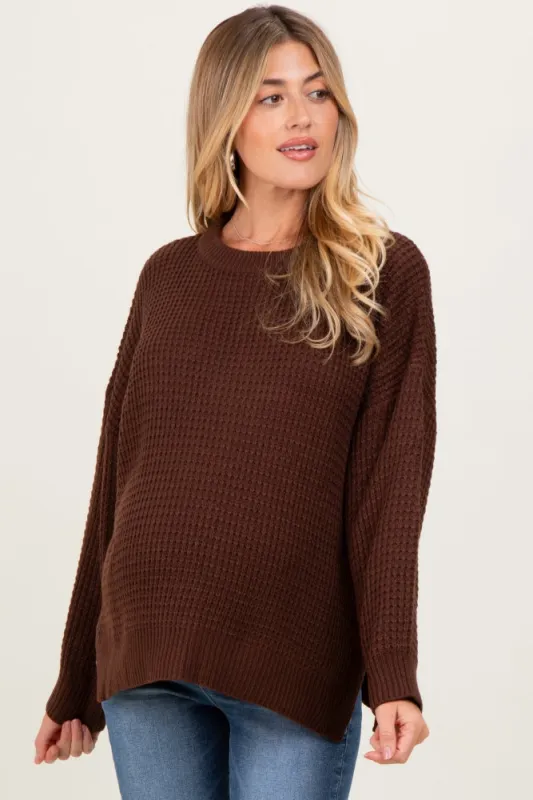 Brown Waffle Knit Side Slit Maternity Sweater sold by Pinkblush