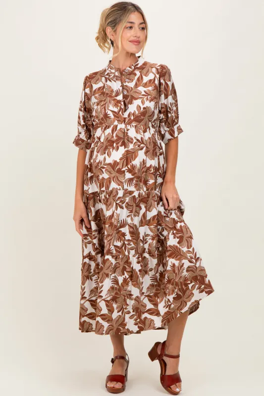 Brown Leaf Print Tiered Maternity Midi Dress sold by Pinkblush