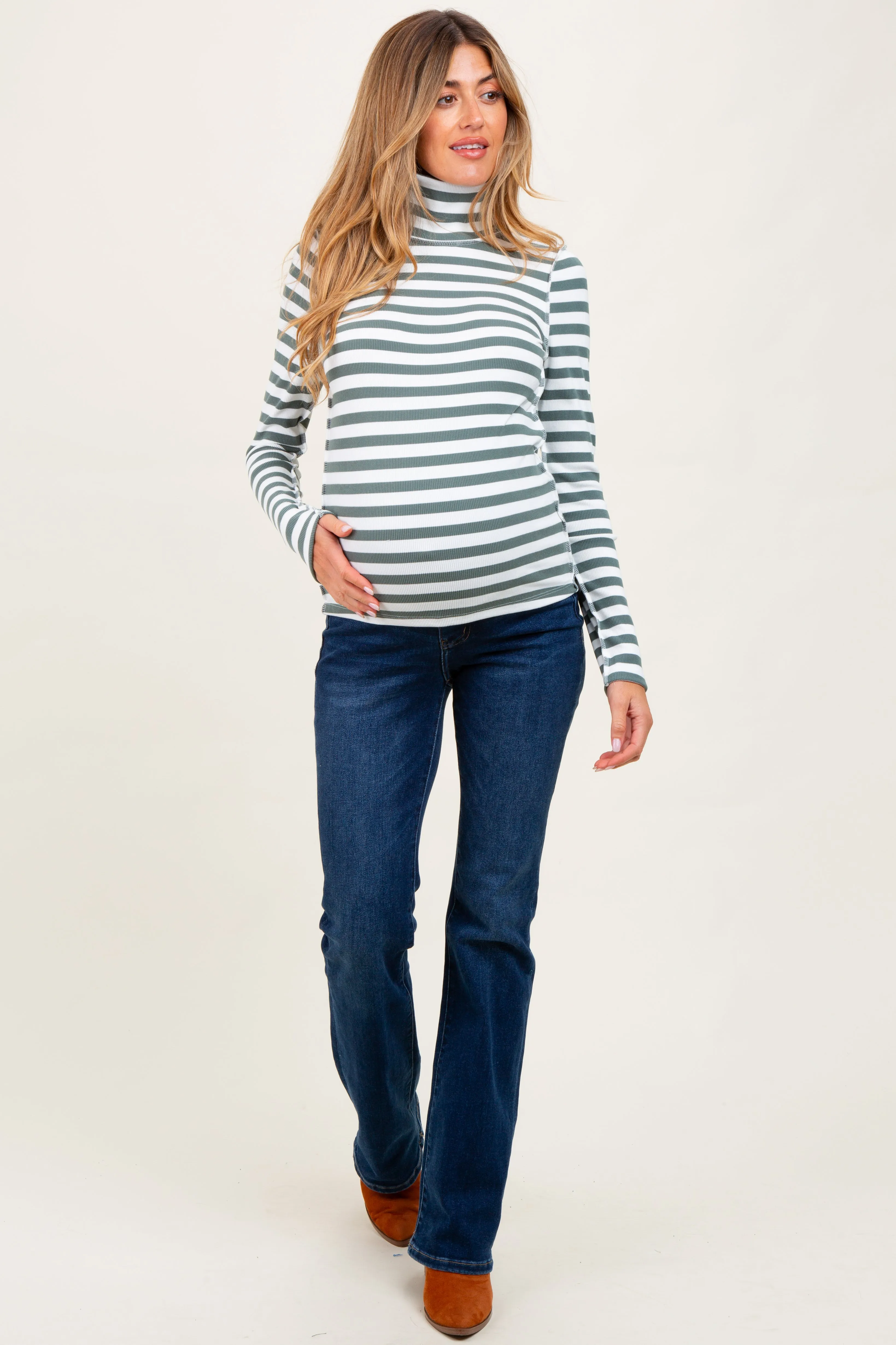 Olive Striped Turtleneck Maternity Long Sleeve Top sold by Pinkblush product image thumbnail 2