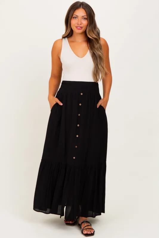 Black Smocked Waist Button Accent Maternity Maxi Skirt sold by Pinkblush