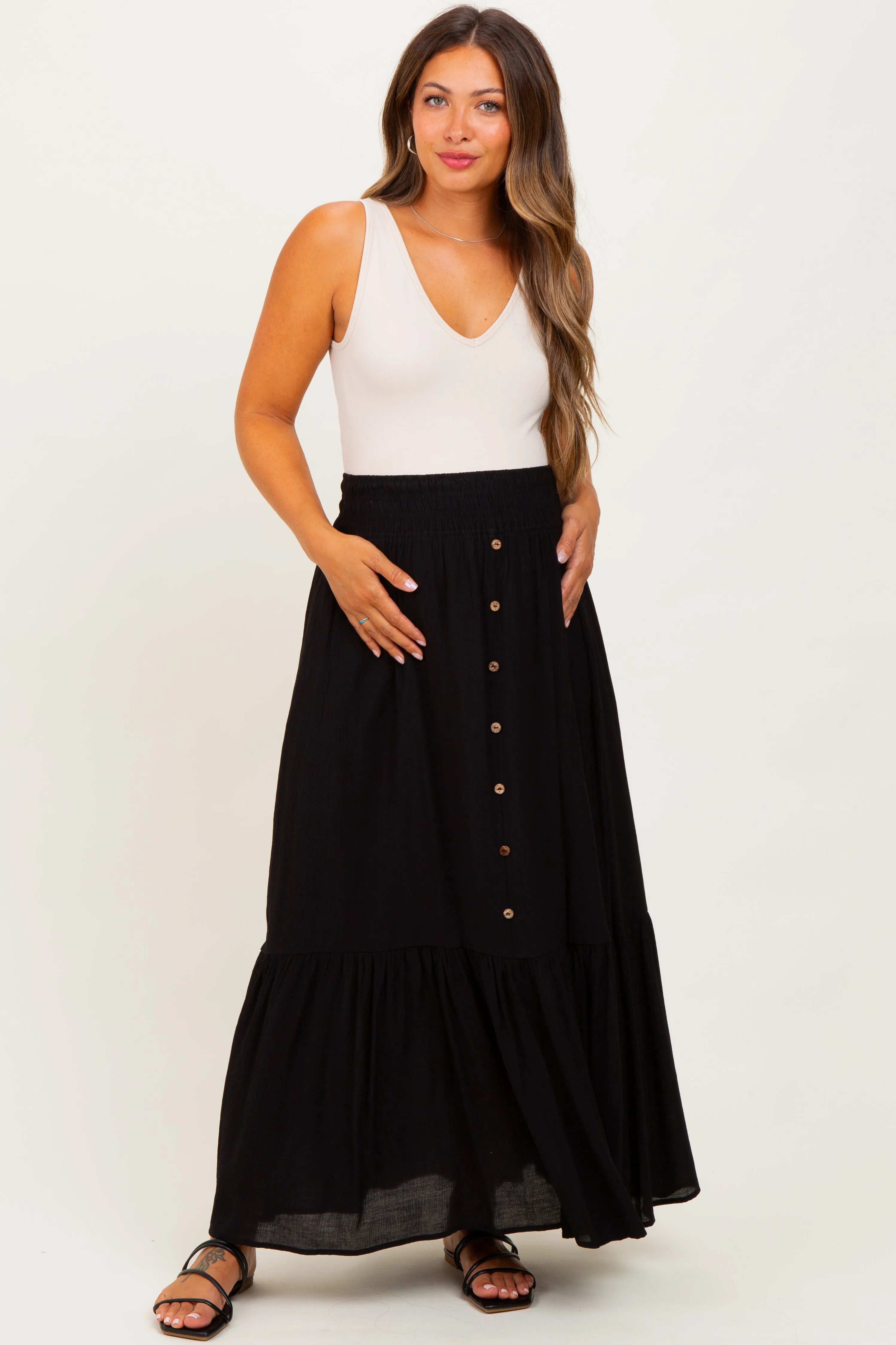 Black Smocked Waist Button Accent Maternity Maxi Skirt sold by Pinkblush product image thumbnail 2