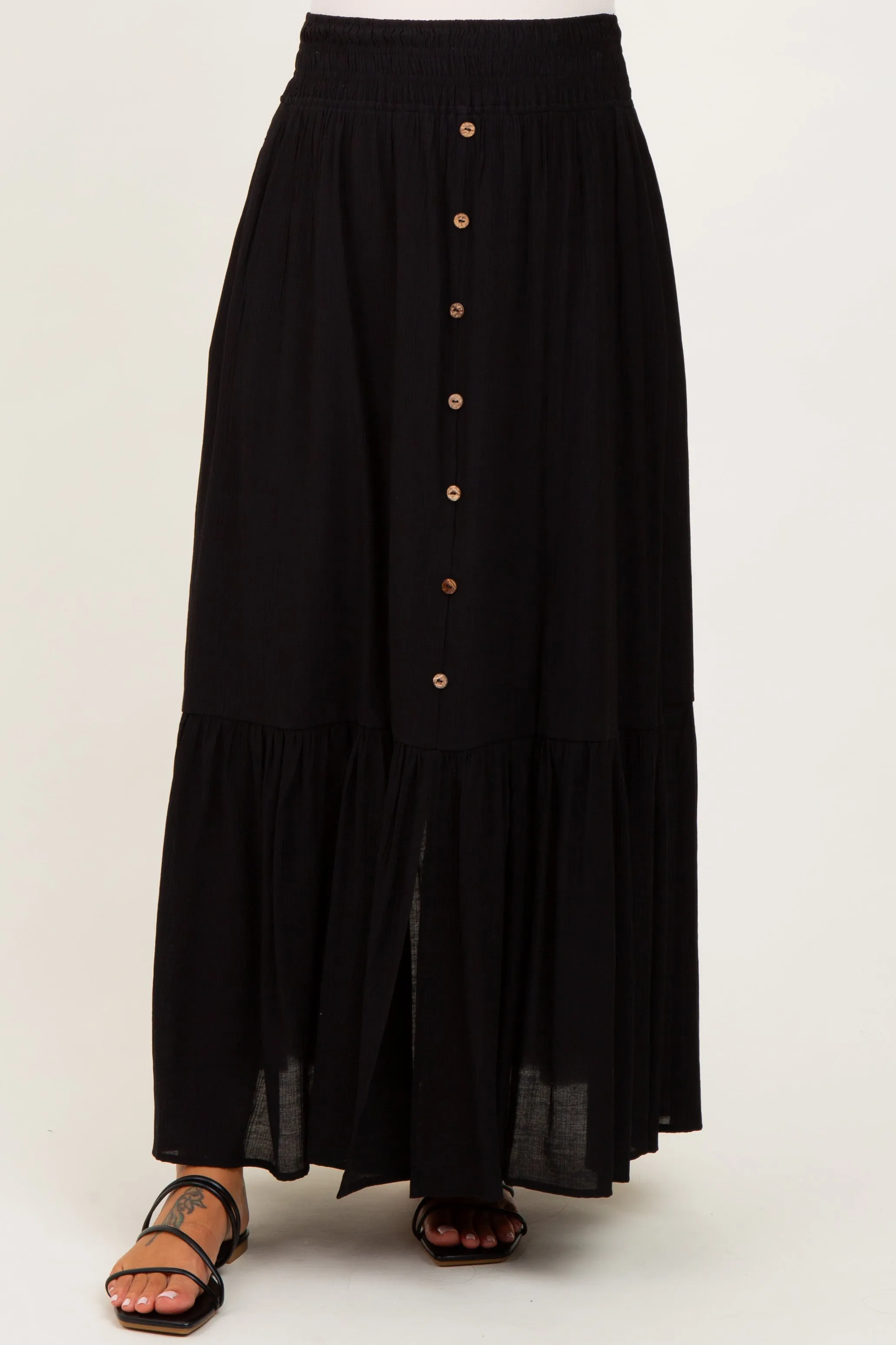 Black Smocked Waist Button Accent Maternity Maxi Skirt sold by Pinkblush product image thumbnail 3