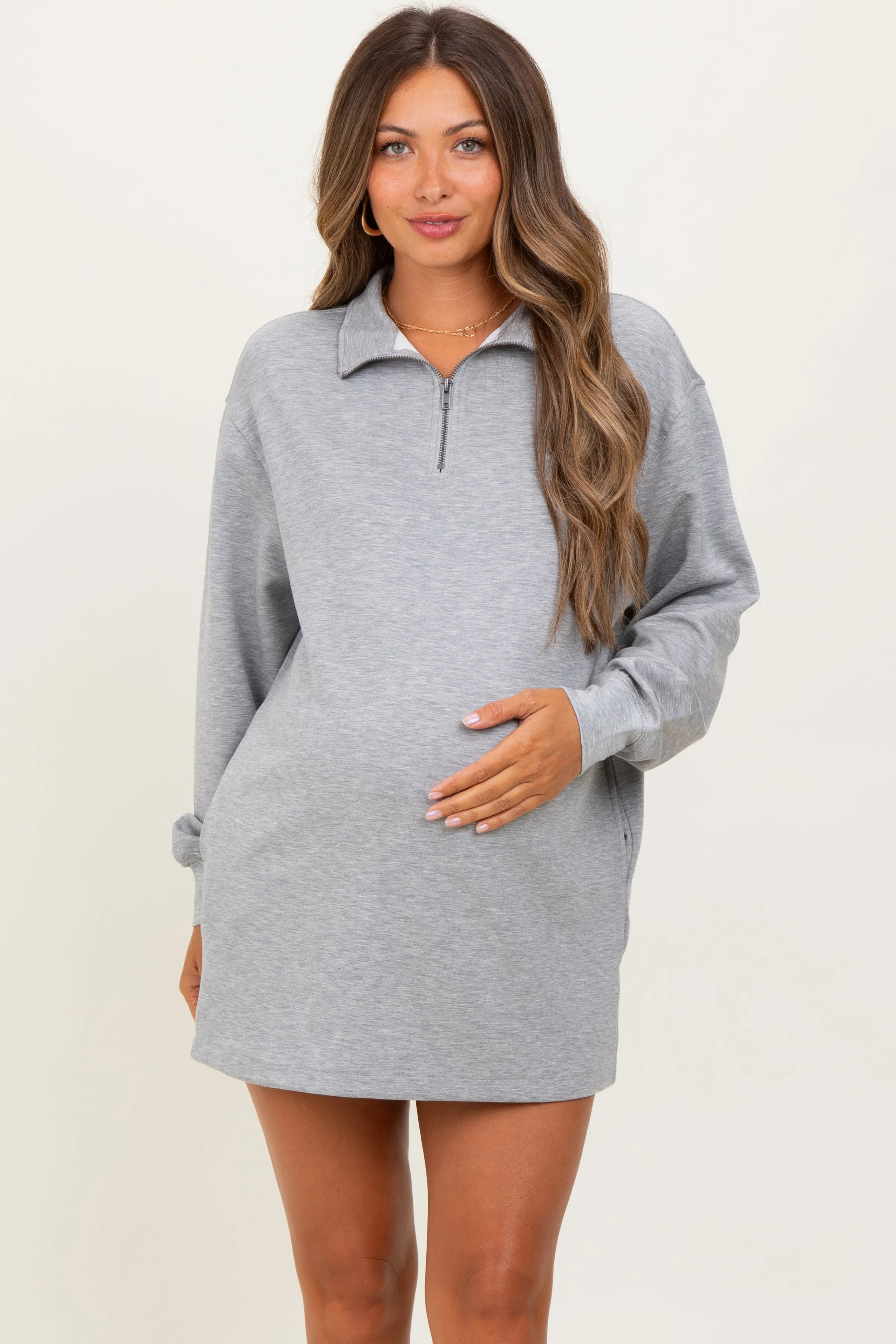 Heather Grey Half Zip Long Sleeve Maternity Mini Dress sold by Pinkblush