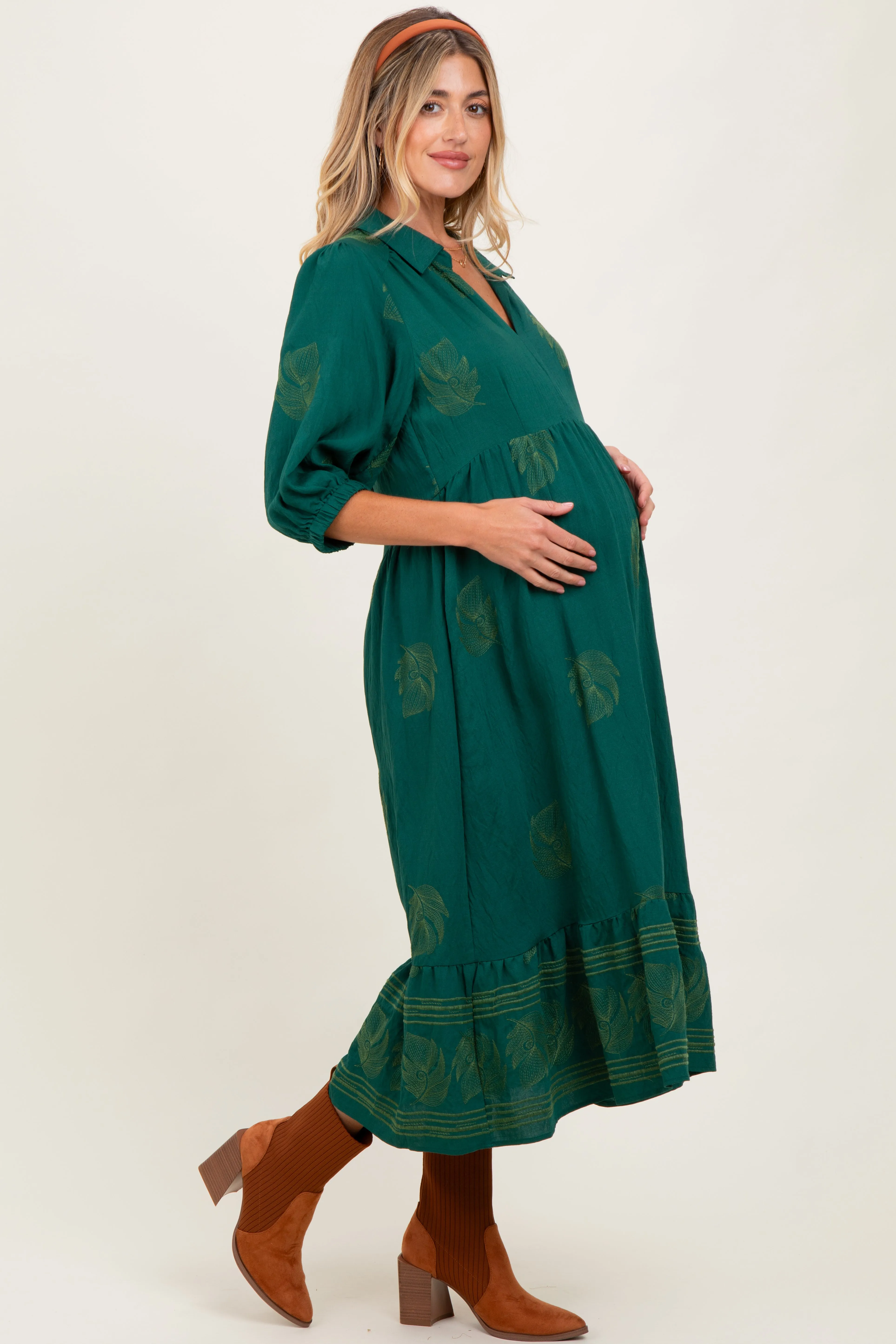 Forest Green Embroidered Leaf Print V-Neck Maternity Midi Dress sold by Pinkblush product image thumbnail 3