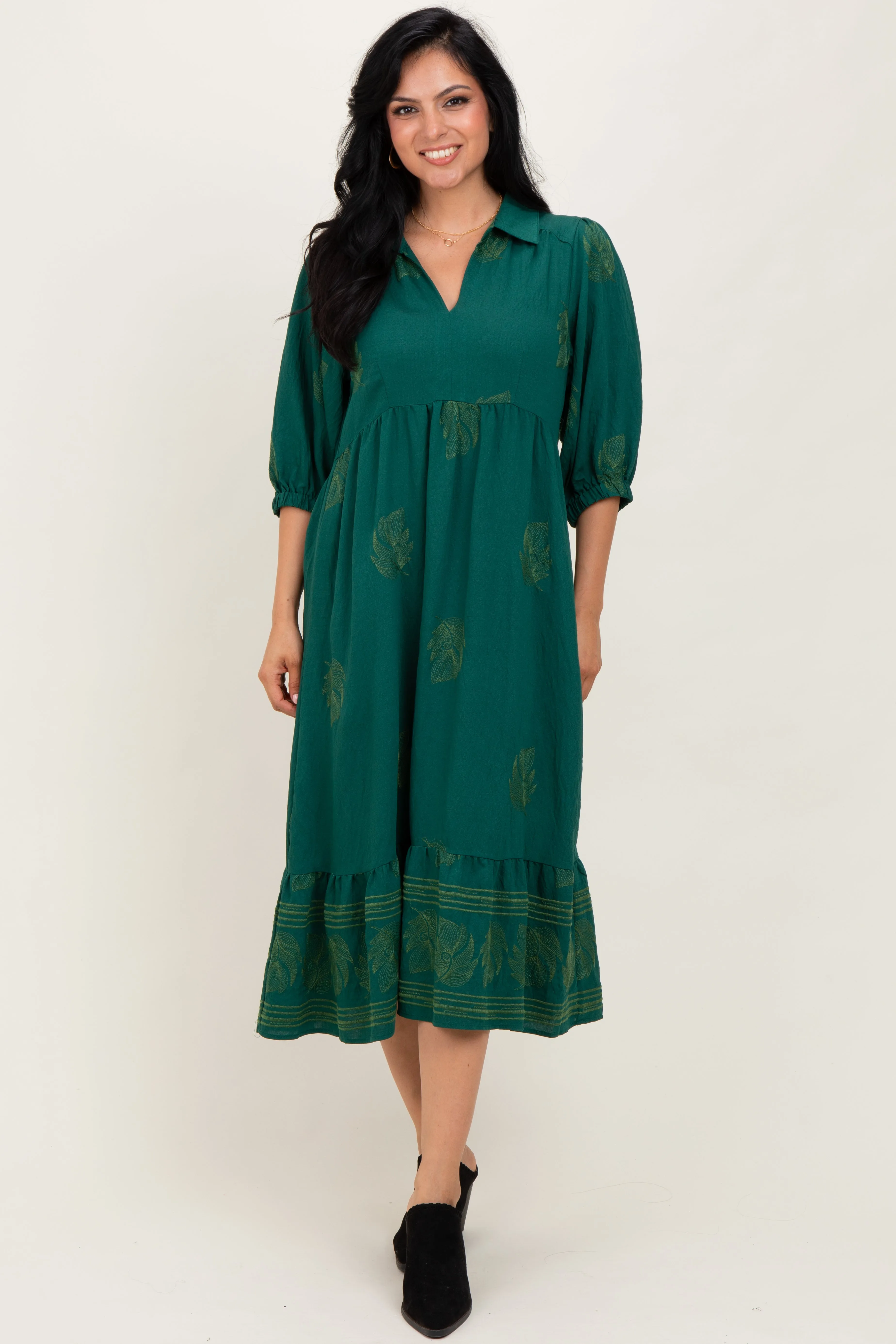 Forest Green Embroidered Leaf Print V-Neck Maternity Midi Dress sold by Pinkblush product image thumbnail 4