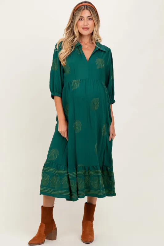 Forest Green Embroidered Leaf Print V-Neck Maternity Midi Dress sold by Pinkblush