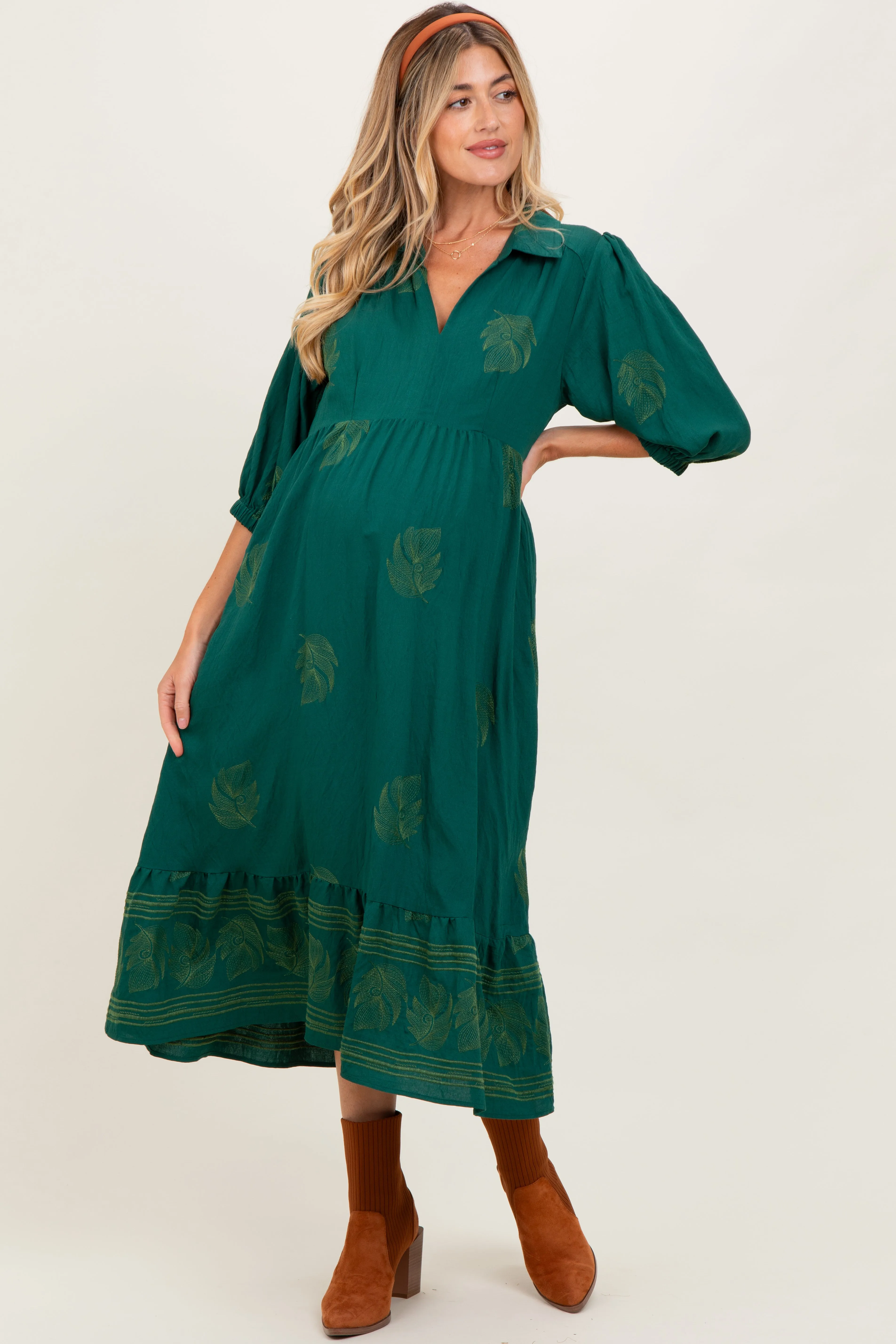 Forest Green Embroidered Leaf Print V-Neck Maternity Midi Dress sold by Pinkblush product image thumbnail 2