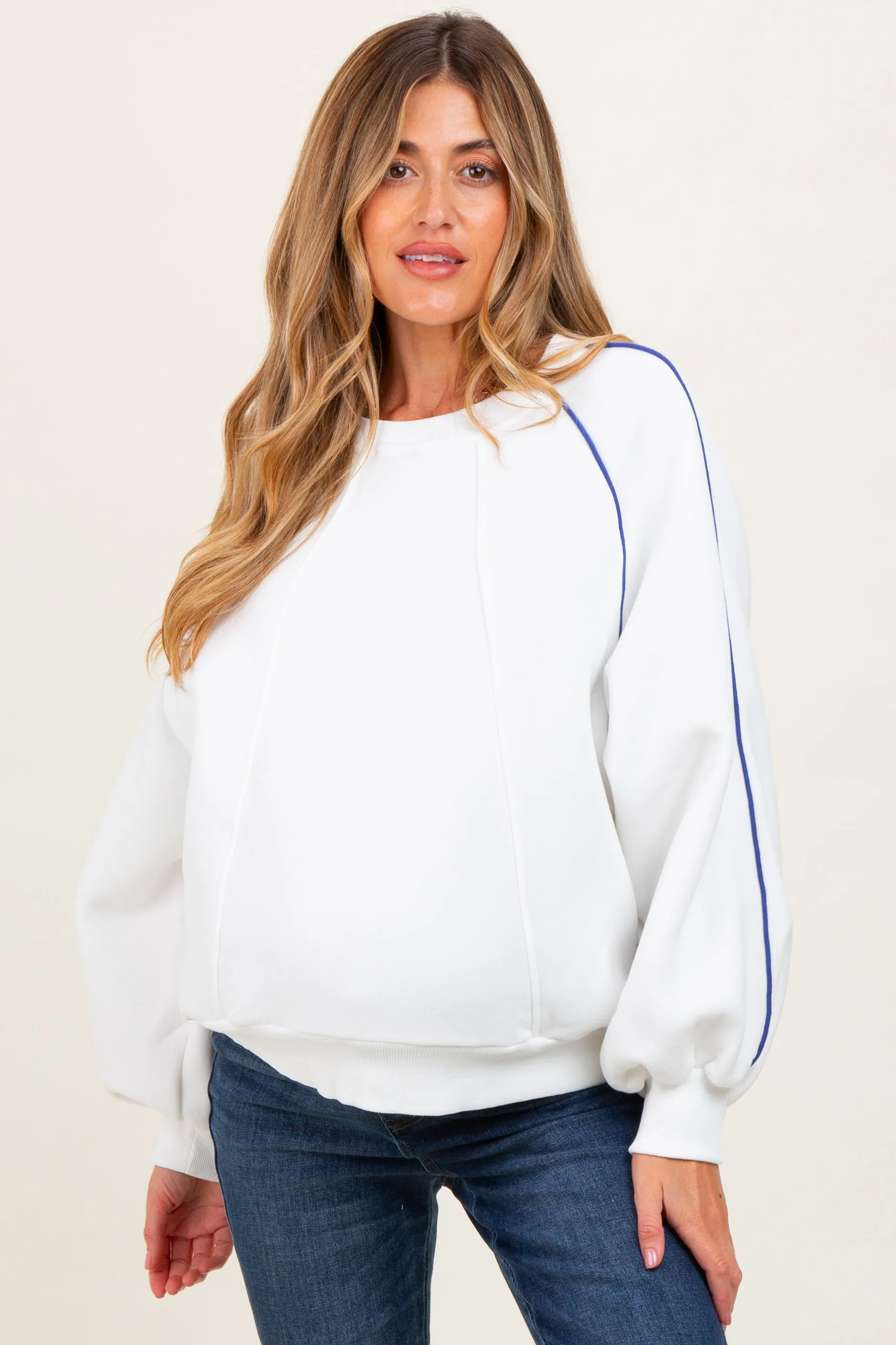 White Heather Blue Piping Accent Maternity Sweatshirt sold by Pinkblush