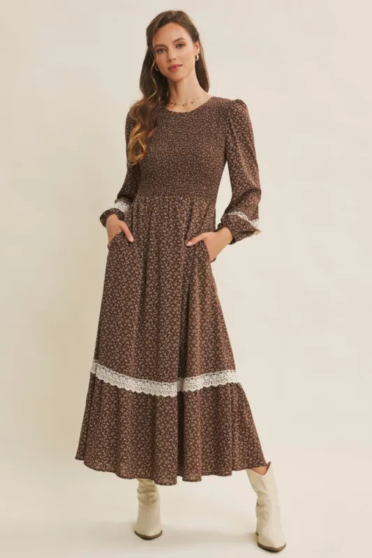 Brown Floral Smocked Crochet Lace Accent Maxi Dress sold by Pinkblush