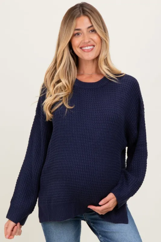 Navy Waffle Knit Side Slit Maternity Sweater sold by Pinkblush