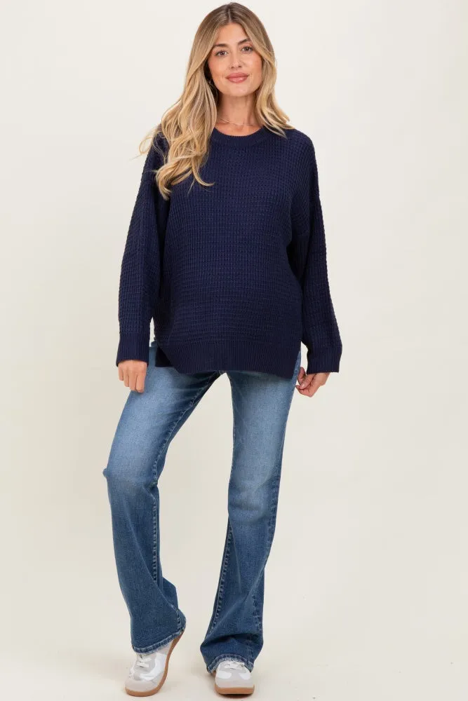 Navy Waffle Knit Side Slit Maternity Sweater sold by Pinkblush product image thumbnail 2