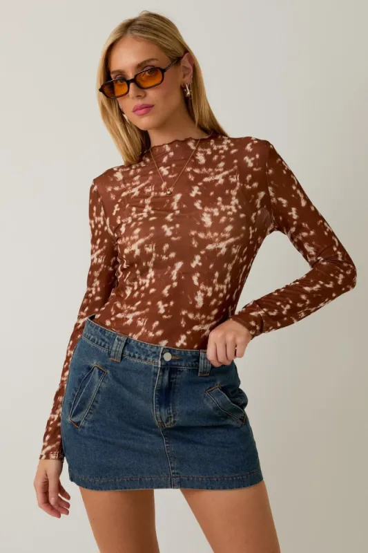 Brown Printed Mesh Mock Neck Long Sleeve sold by Pinkblush