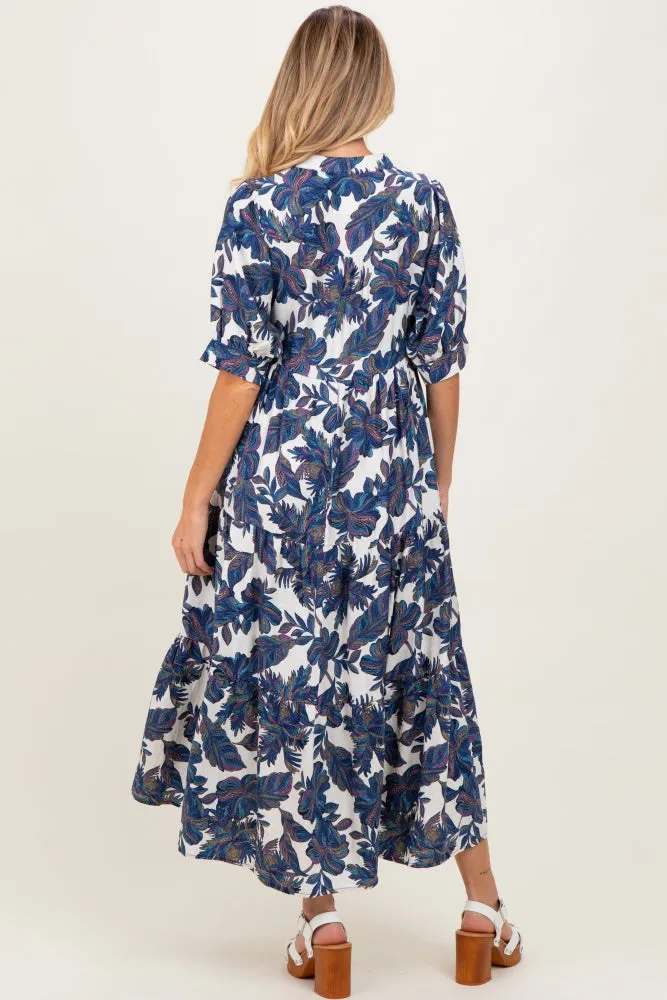 Navy Leaf Print Tiered Maternity Midi Dress sold by Pinkblush product image thumbnail 4
