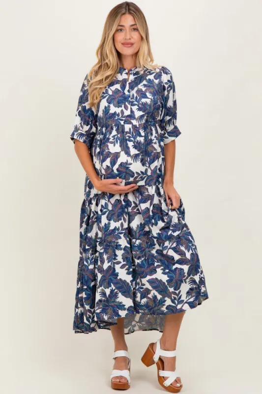 Navy Leaf Print Tiered Maternity Midi Dress sold by Pinkblush