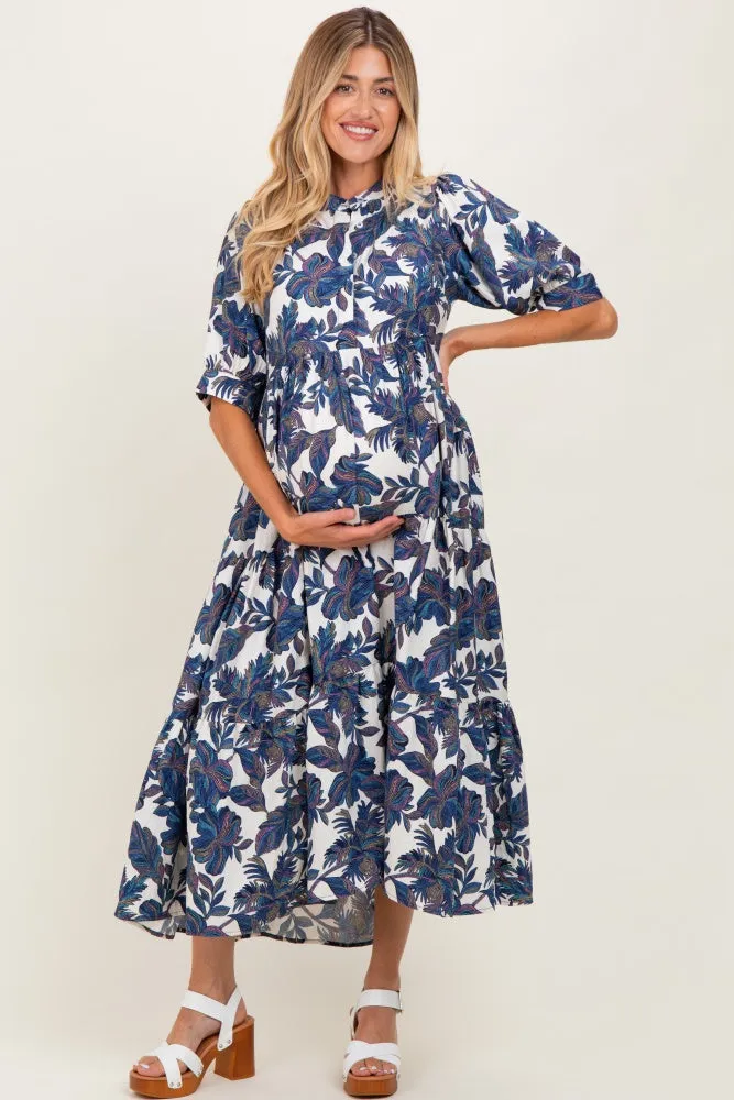Navy Leaf Print Tiered Maternity Midi Dress sold by Pinkblush product image thumbnail 2