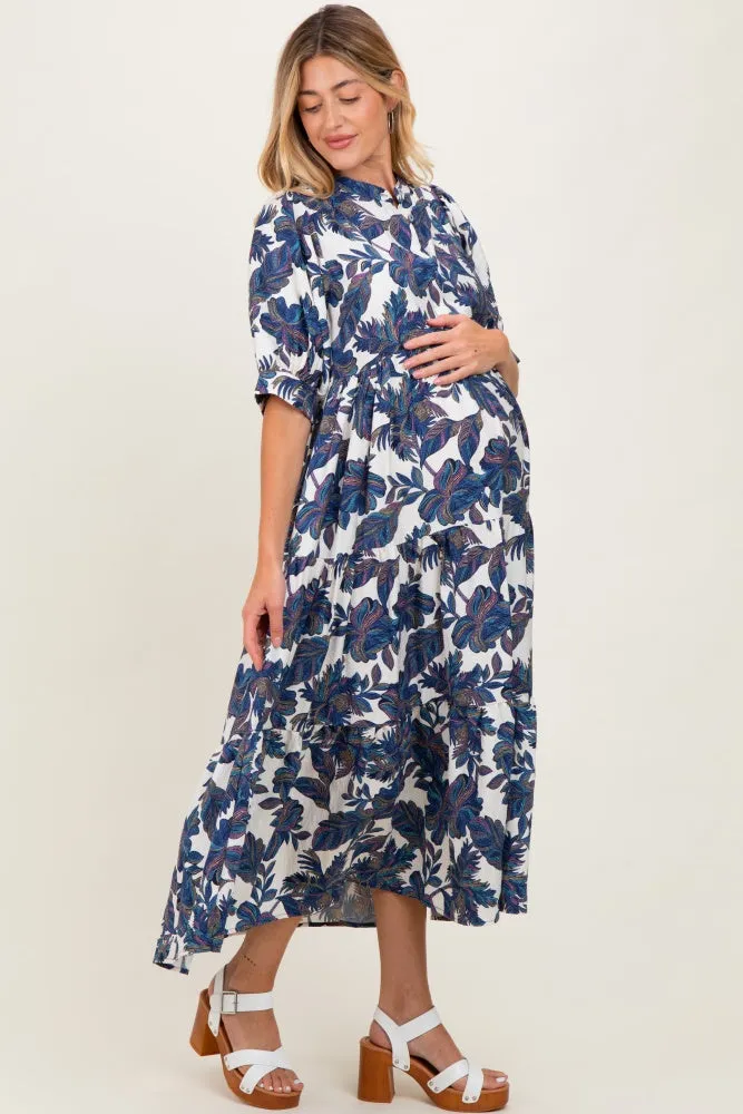 Navy Leaf Print Tiered Maternity Midi Dress sold by Pinkblush product image thumbnail 3