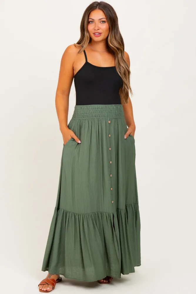 Olive Smocked Waist Button Accent Maternity Maxi Skirt sold by Pinkblush product image thumbnail 2