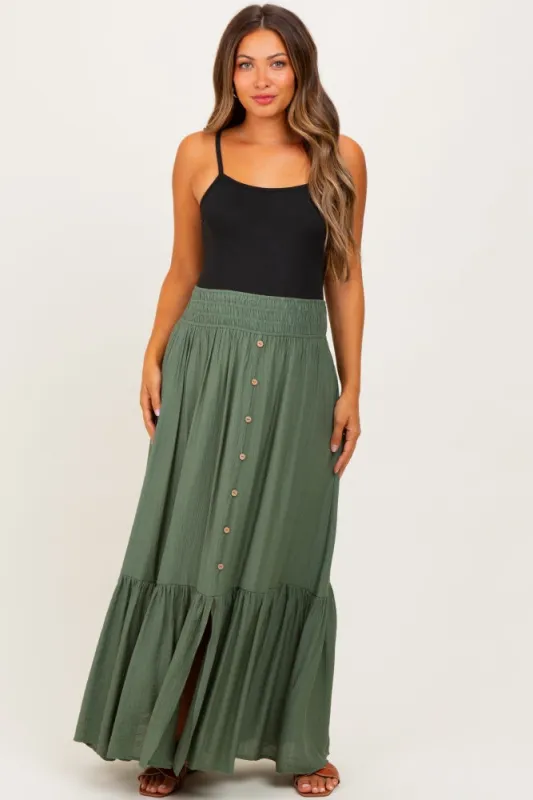 Olive Smocked Waist Button Accent Maternity Maxi Skirt sold by Pinkblush