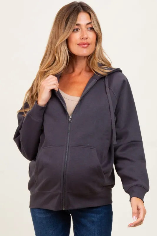 Charcoal Front Zipper Hooded Maternity Sweater sold by Pinkblush