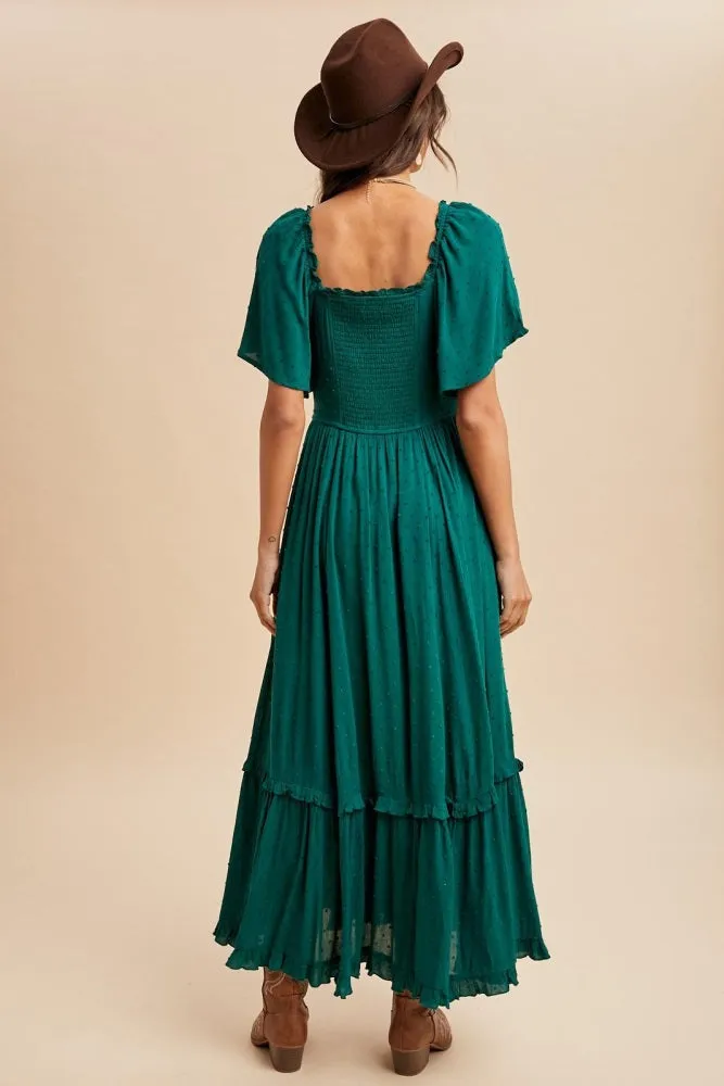 Forest Green Swiss Dot Ruffle Trim Maxi Dress sold by Pinkblush product image thumbnail 4