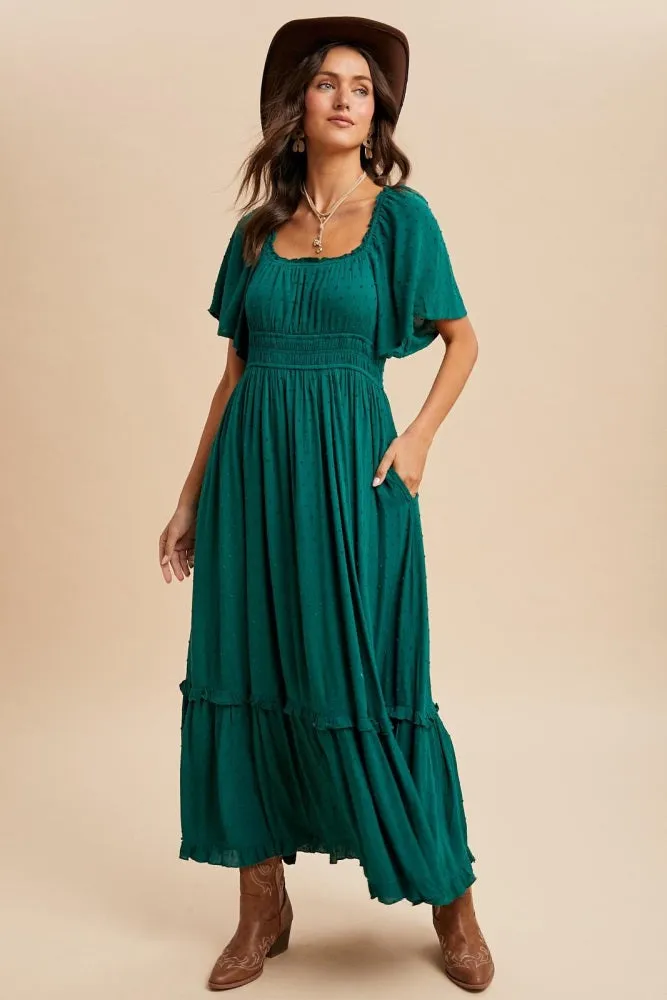 Forest Green Swiss Dot Ruffle Trim Maxi Dress sold by Pinkblush