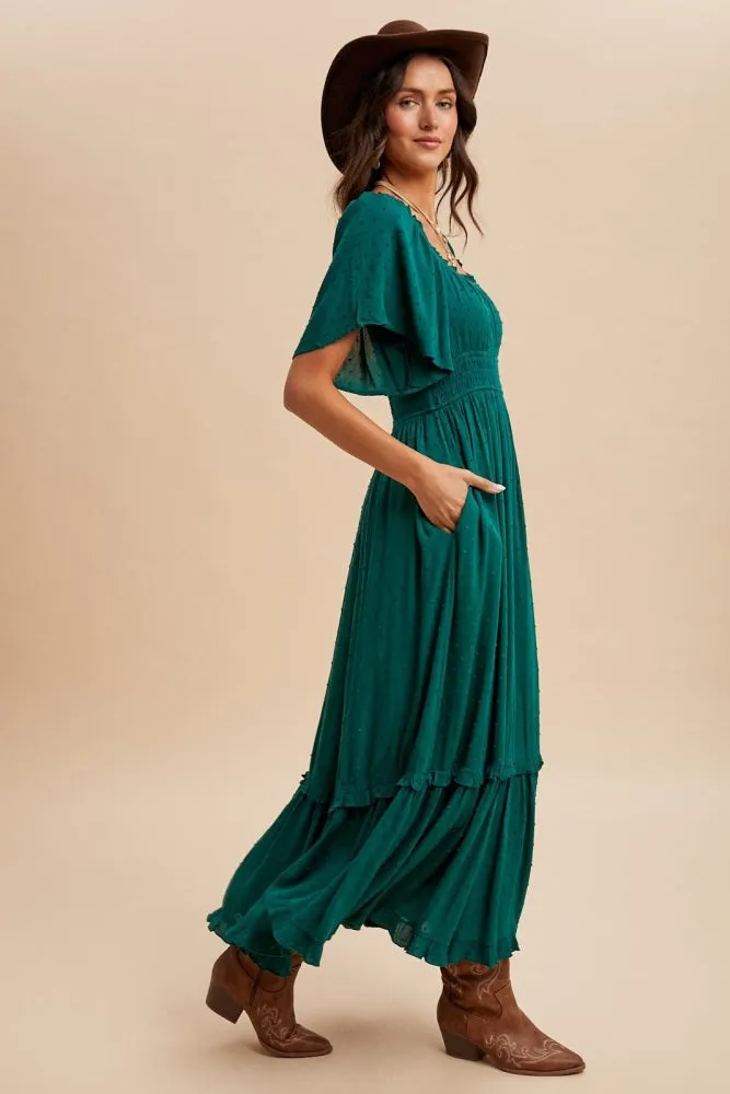 Forest Green Swiss Dot Ruffle Trim Maxi Dress sold by Pinkblush product image thumbnail 3